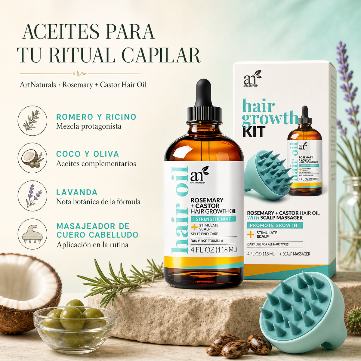 Tratamiento capilar, Artnaturals Aceite de Romero + Ricino y Biotina 118 ML — beneficios
