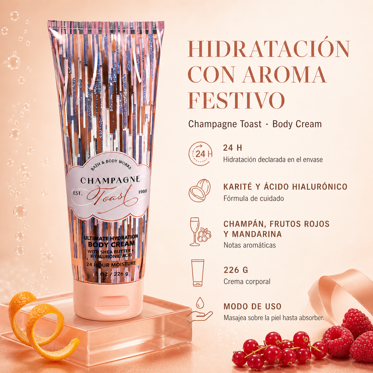 Crema corporal Champagne Toast 226g, Bath & Body — detalle del envase