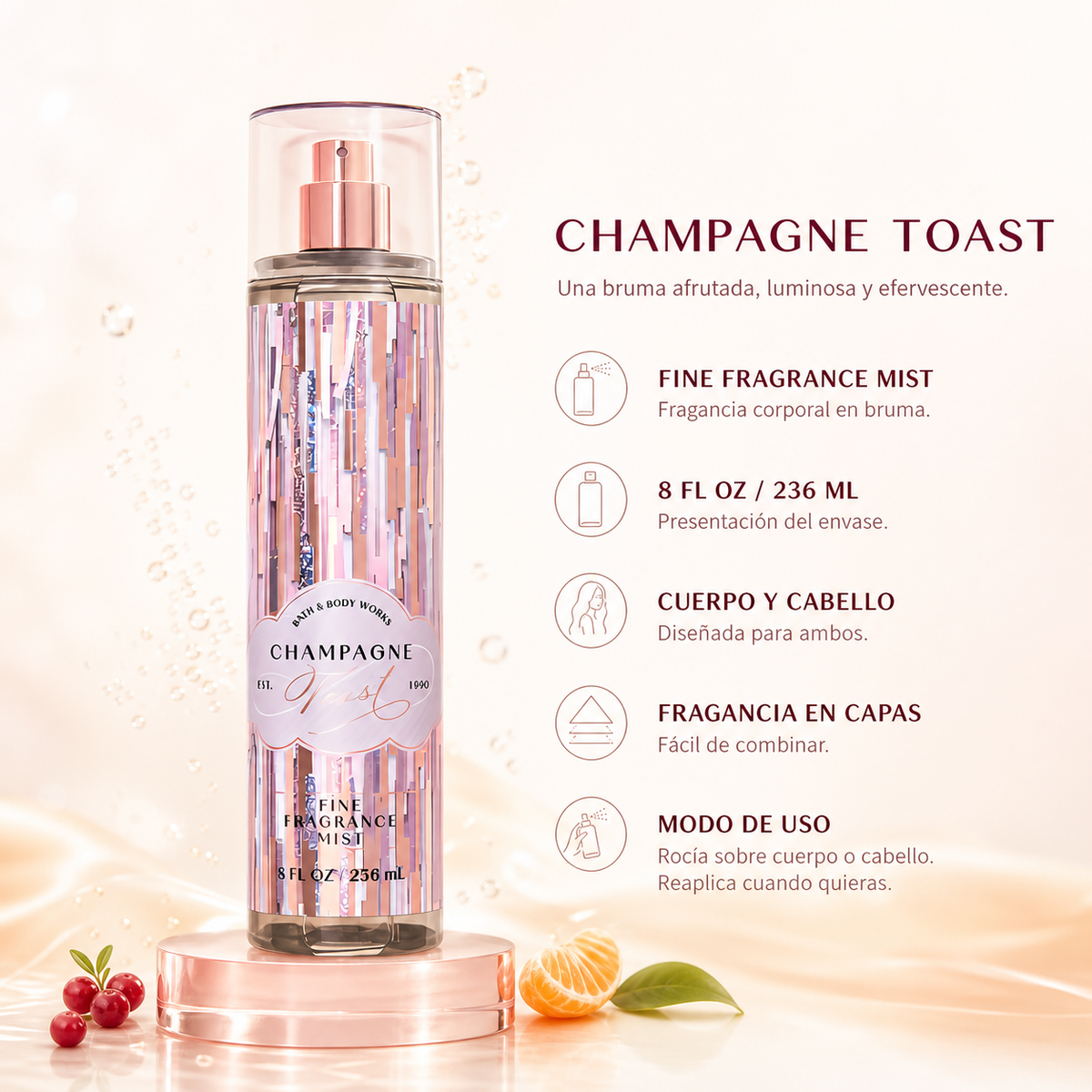 Splash Mist Champagne Toast 236 ml, Bath & Body — detalle del envase