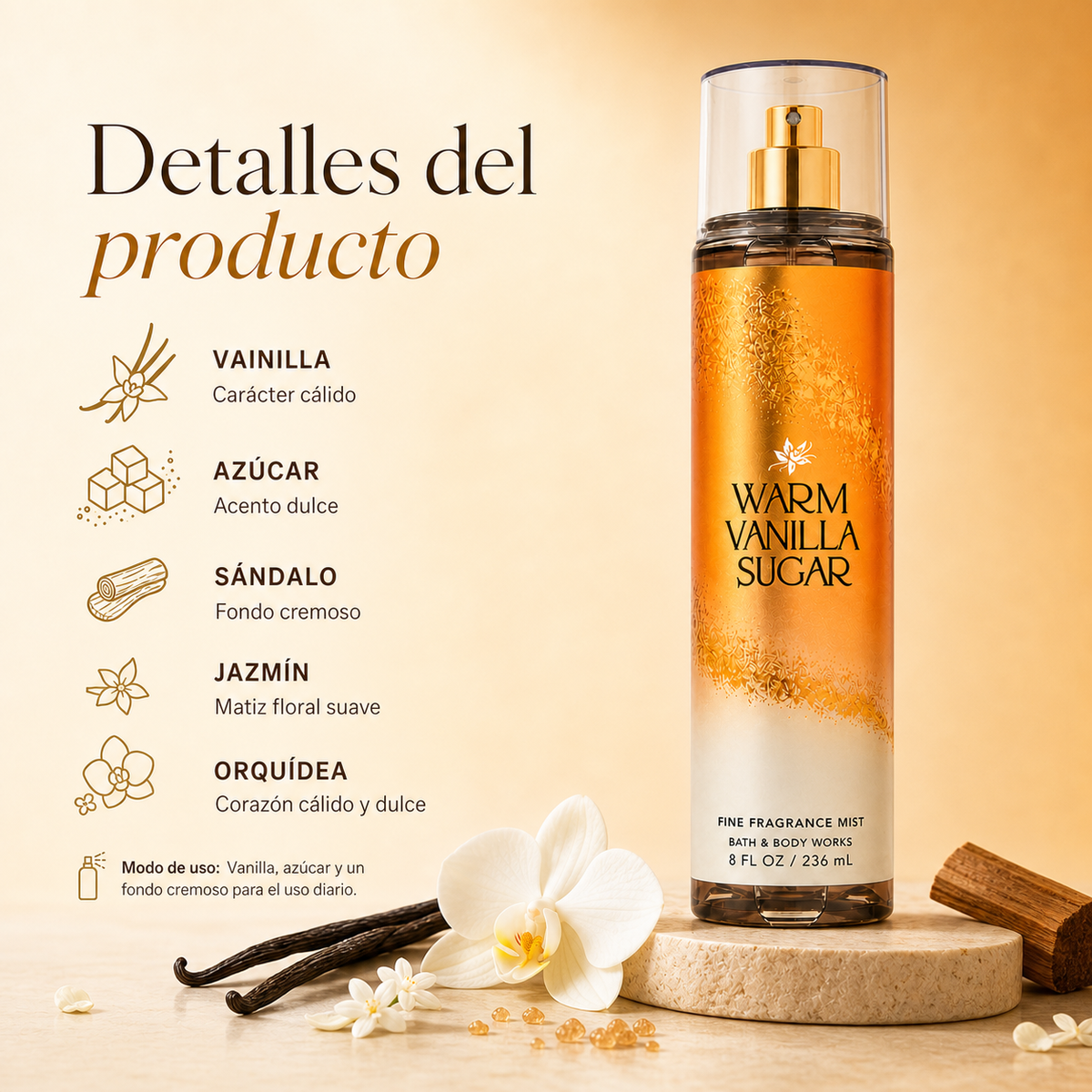 Splash & Mist Warm Vanilla Sugar 236 ml, Bath & Body — detalle del envase