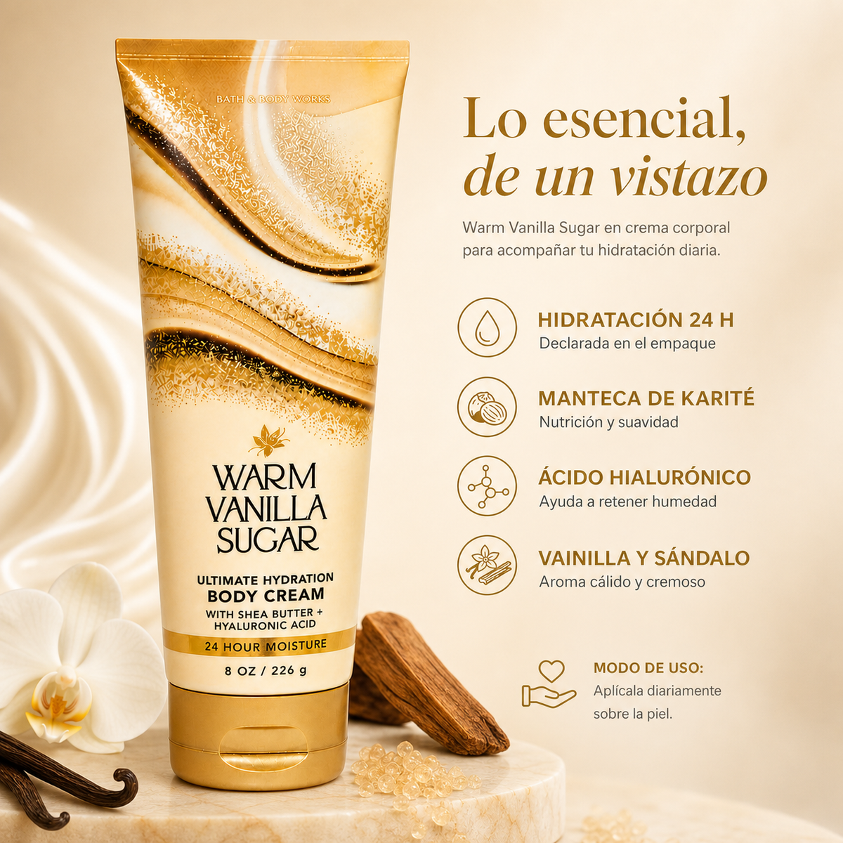 Crema corporal Warm Vanilla Suga 226 g, Bath & Body — detalle del envase