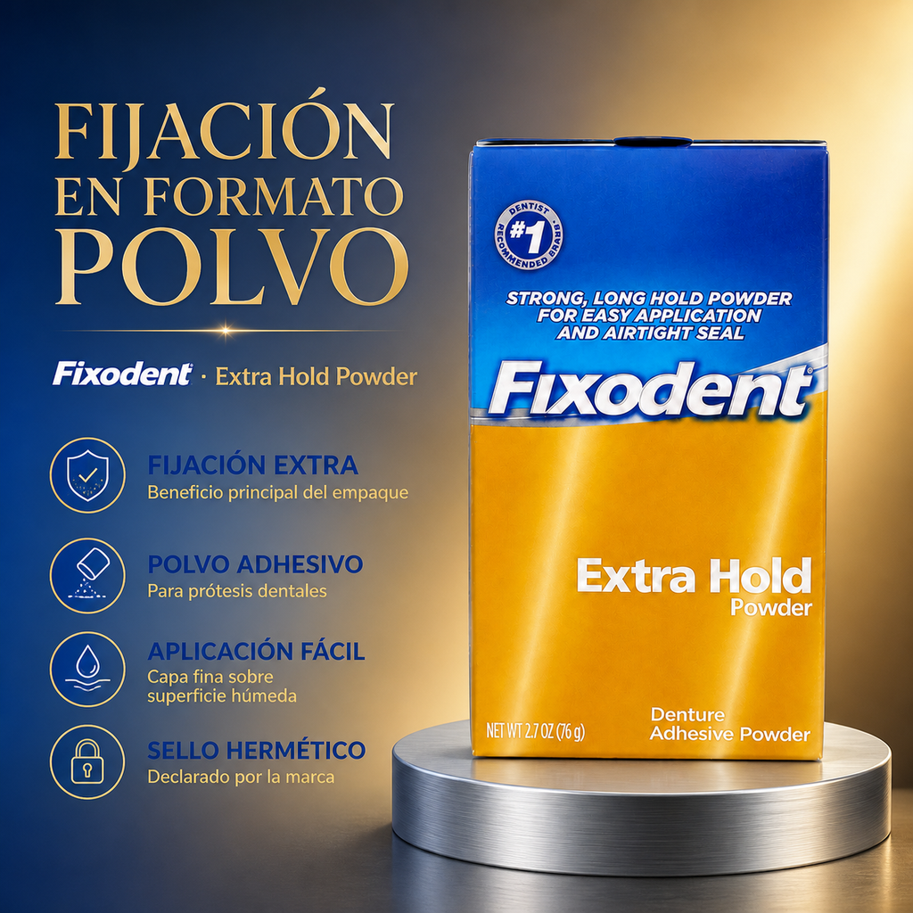 Polvo adhesivo para dentaduras Fixodent Extra Hold 2.7 onzas - 76g — beneficios