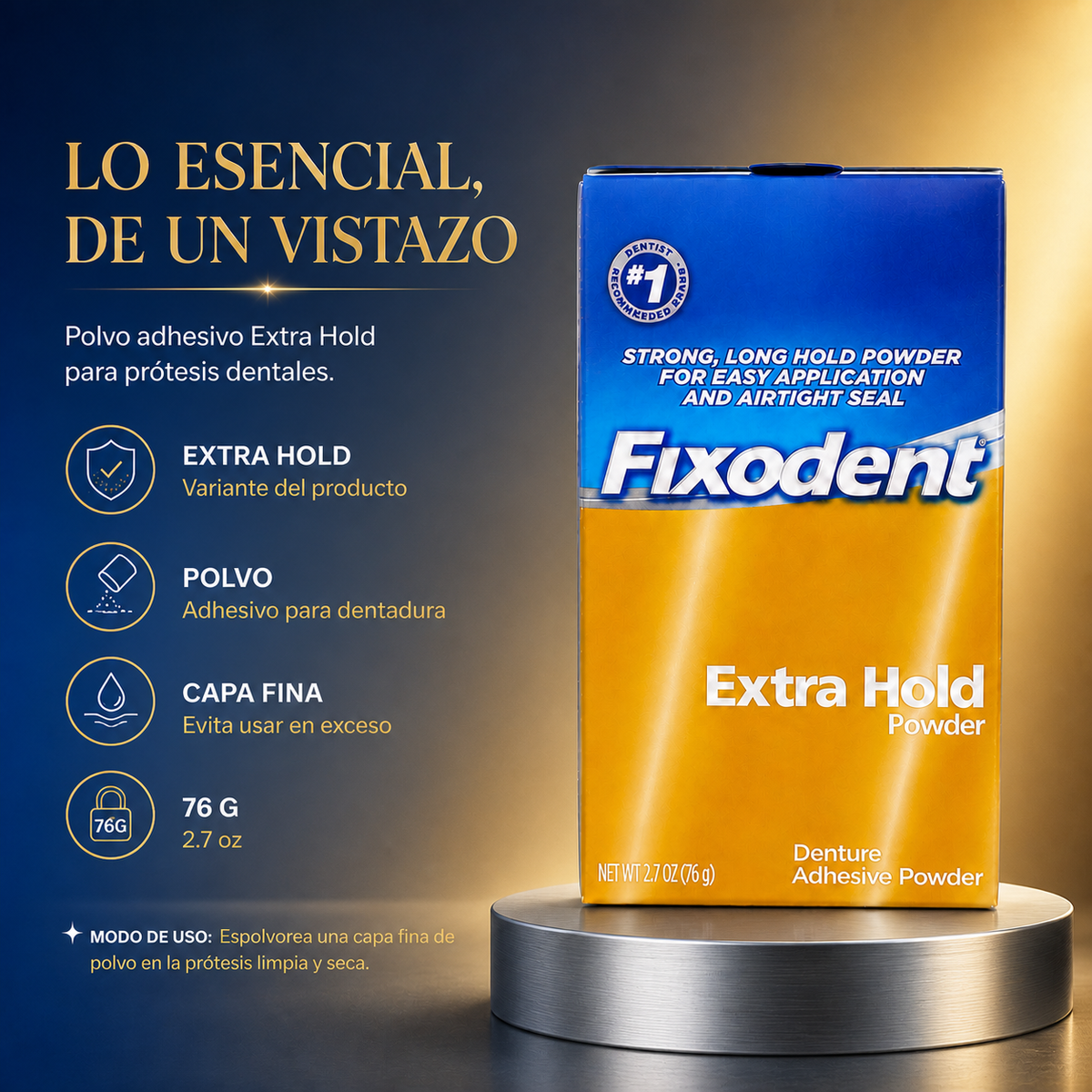 Polvo adhesivo para dentaduras Fixodent Extra Hold 2.7 onzas - 76g — detalle del envase