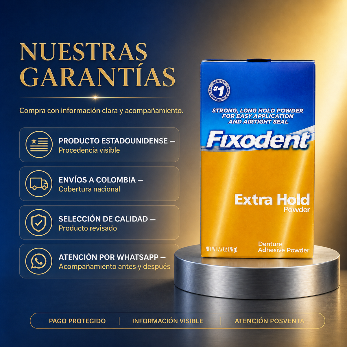 Polvo adhesivo para dentaduras Fixodent Extra Hold 2.7 onzas - 76g — garantía y origen