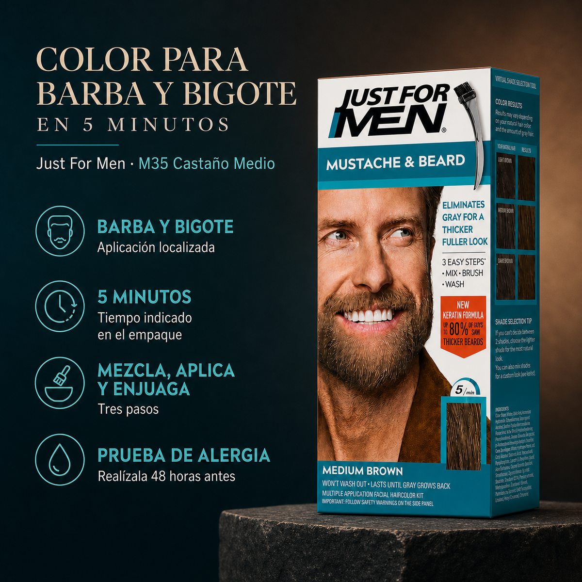 Tinte para bigote y barba Just For Men REF. M35 x2.5 onz — beneficios