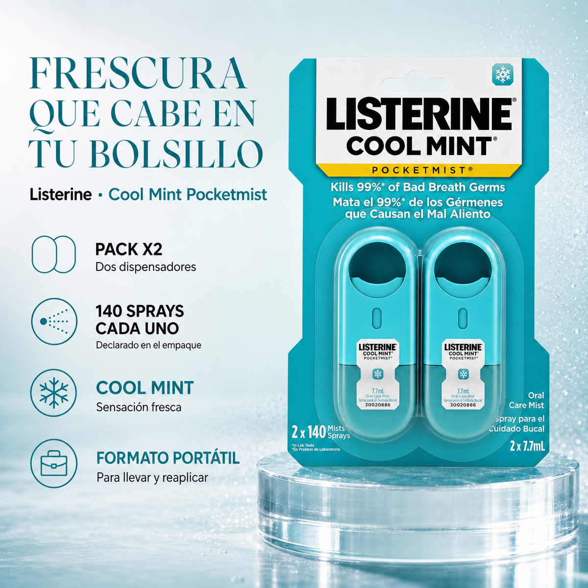 Listerine Pocketmist Cool Mint Pack x2 (140 und) — beneficios