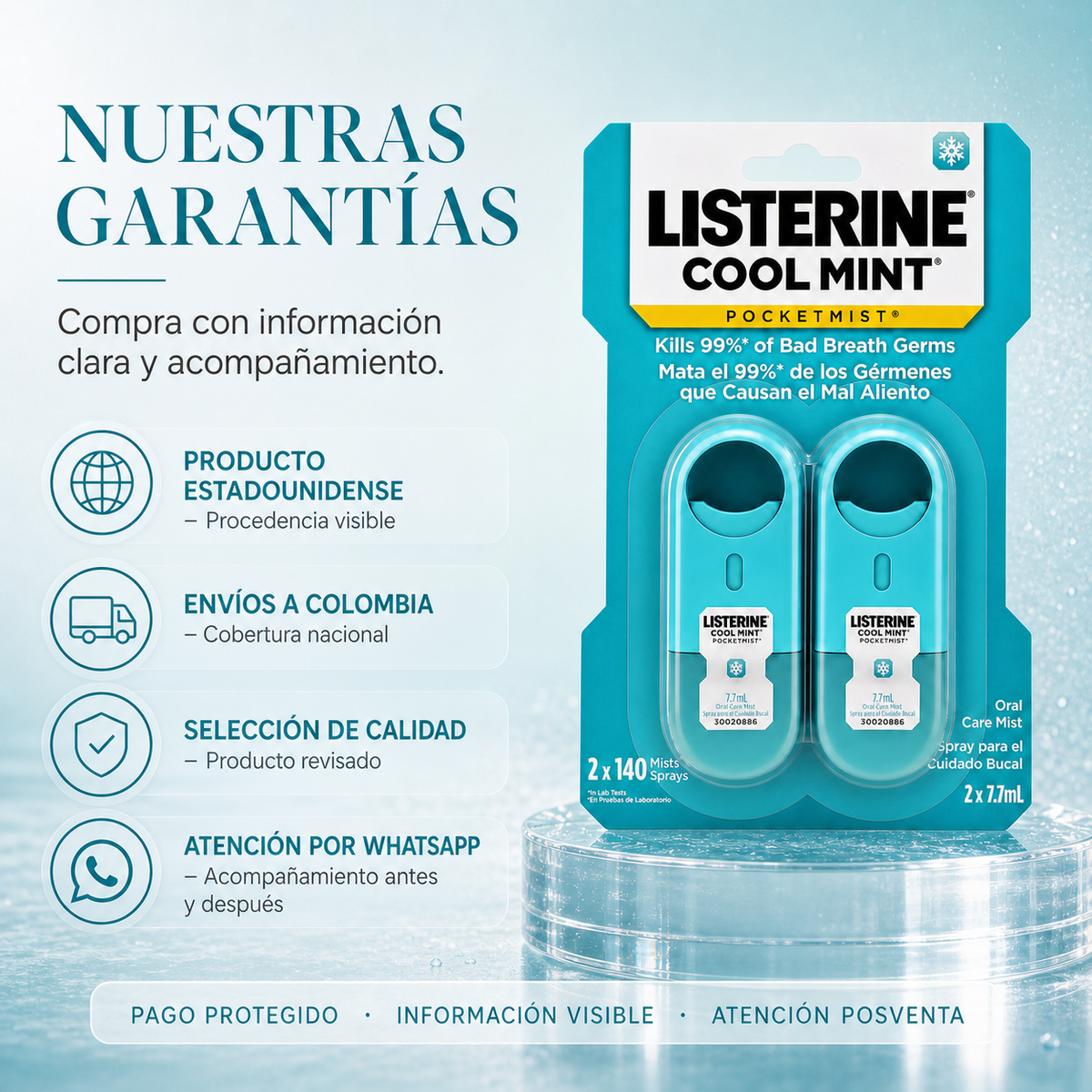 Listerine Pocketmist Cool Mint Pack x2 (140 und) — garantía y origen