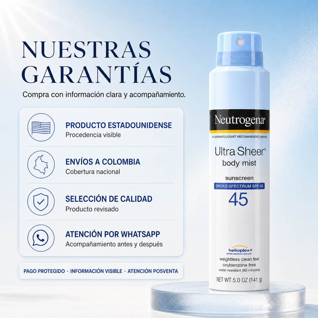 Protector solar Neutrogena Ultra Sheer Body Mist Spf 45 5.0 OZ (141g) — garantía y origen