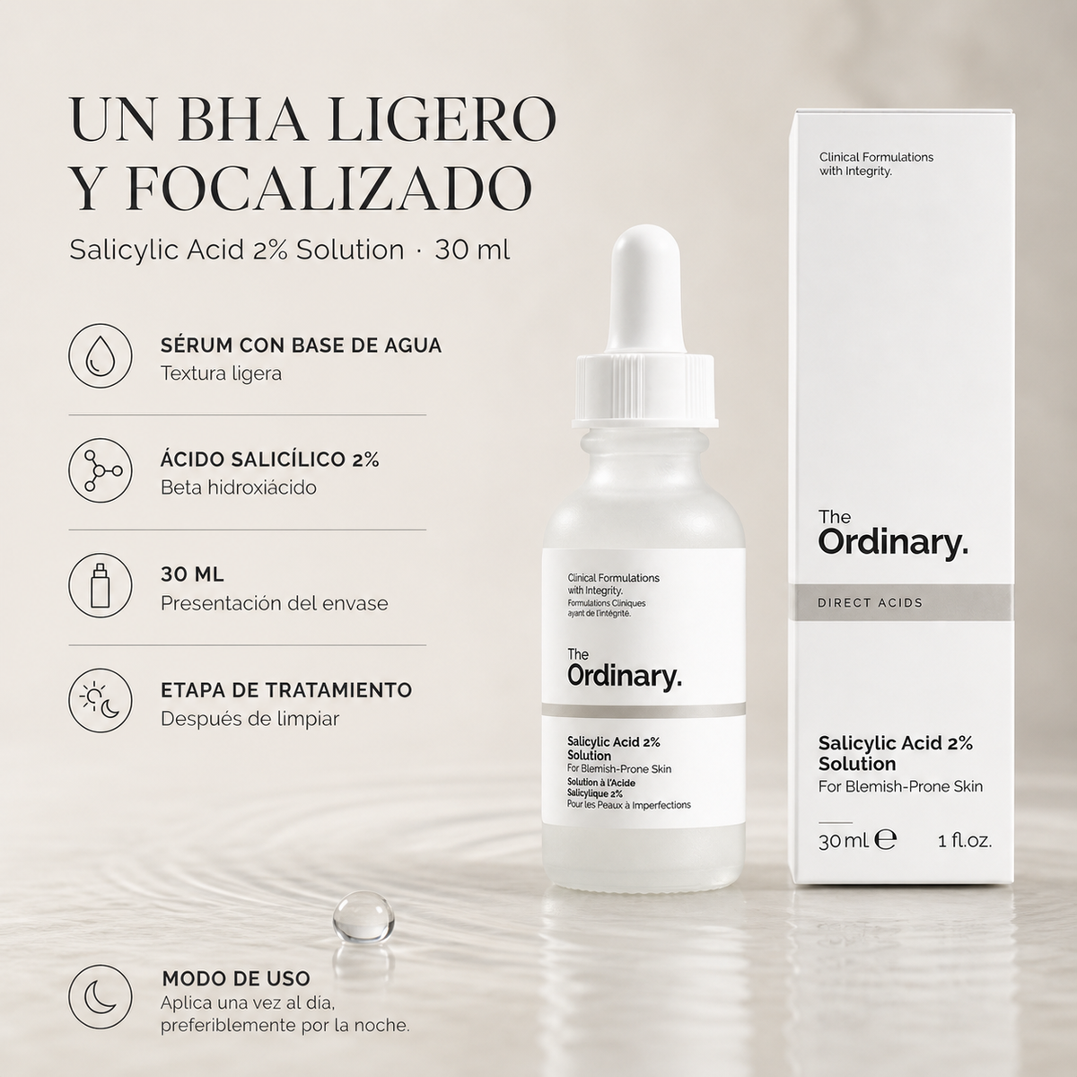 Ácido Salicílico Ordinary 30(ml), uso facial — detalle del envase