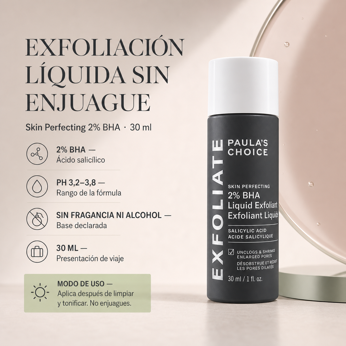 Exfoliante Ácido Salicílico BHA al 2 % Paula's Choice x30 ml — detalle del envase