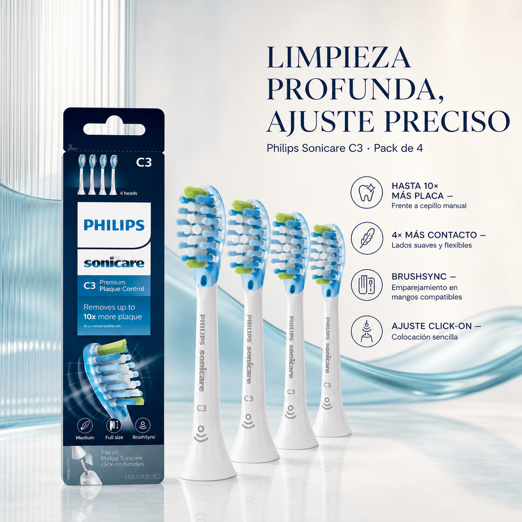 Repuesto (Pack 4) Cepillo dental Philips Sonicare C3, blanco — beneficios
