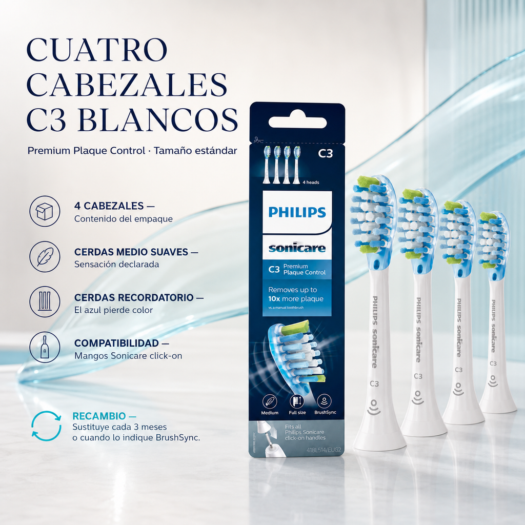 Repuesto (Pack 4) Cepillo dental Philips Sonicare C3, blanco — detalle del envase