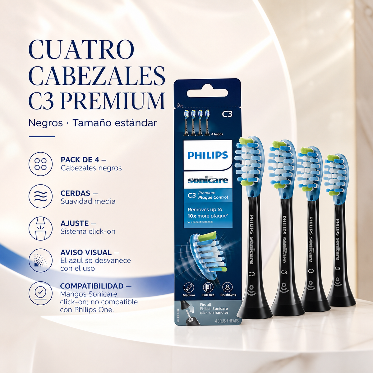 Repuesto (Pack 4) Cepillo dental Philips Sonicare C3, negro — detalle del envase