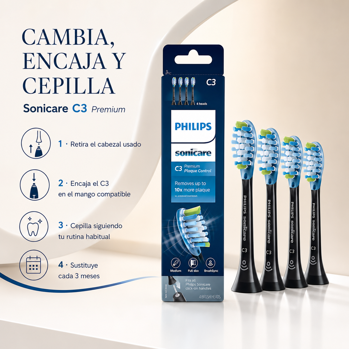 Repuesto (Pack 4) Cepillo dental Philips Sonicare C3, negro — cómo se usa