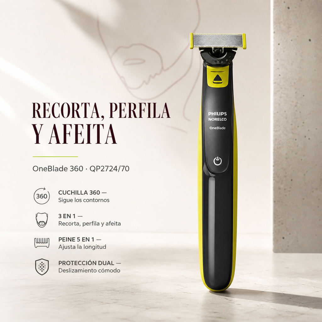 Afeitadora facial Norelco OneBlade 360 QP2724/70, Philips — beneficios