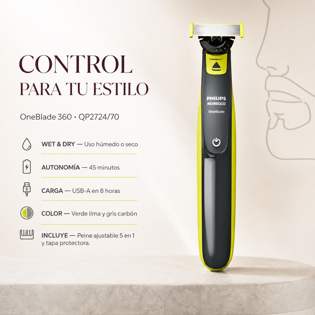 Afeitadora facial Norelco OneBlade 360 QP2724/70, Philips — detalle del envase