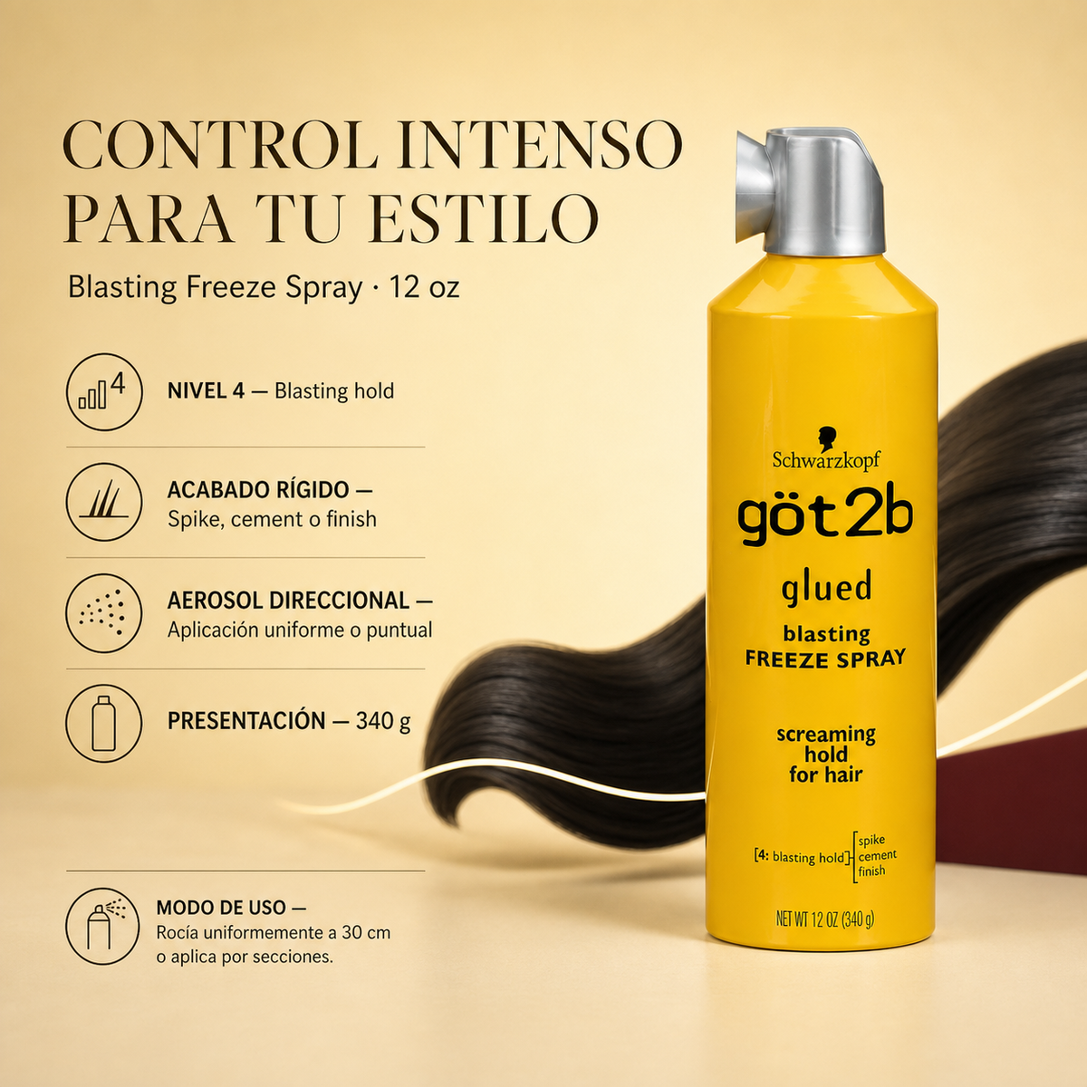 Laca de fijación Got2b ultra-fuerte para el cabello, 12 onzas x 340g, Schwarzkopf — detalle del envase