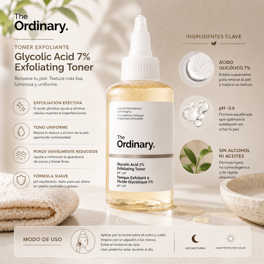 Ácido Glicólico The Ordinary 100(ml), uso facial — detalle del envase