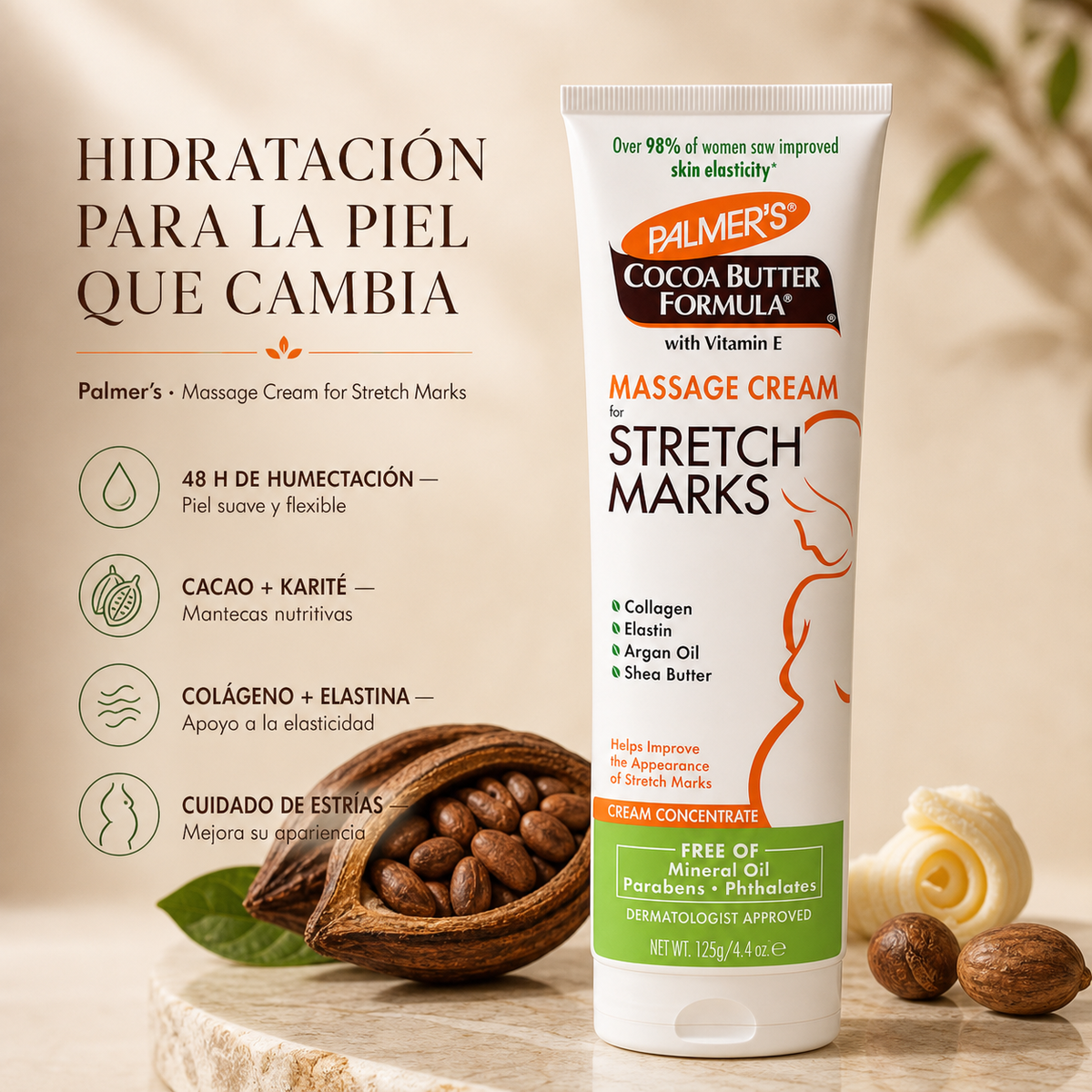 Crema de masaje para estrias 4,4oz - 125ml Manteca de Cacao, Palmer's